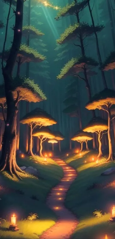 Enchanted night forest path with glowing lanterns.