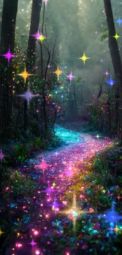 A mystical forest path glowing with vibrant colors at night.