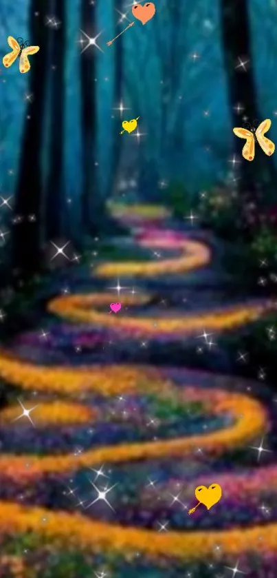 Enchanted forest path with magical lights and butterflies.