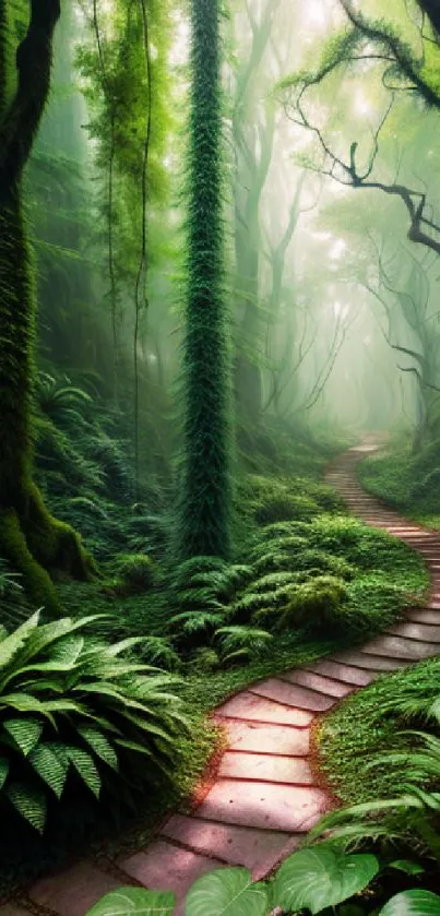 Enchanting forest path mobile wallpaper featuring lush greenery.