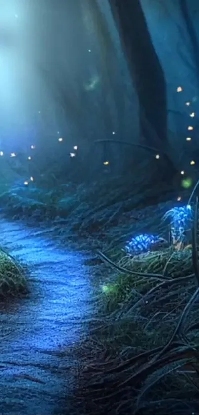 Magical forest path illuminated with glowing lights.