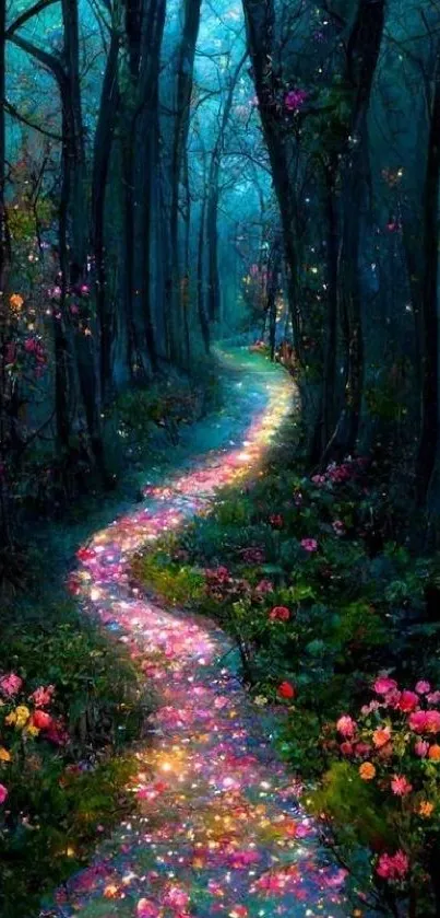 Enchanting forest path with glowing flowers and vibrant colors.