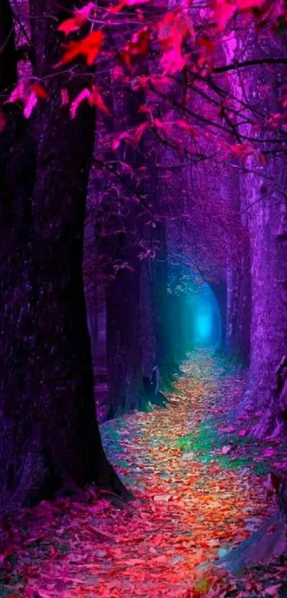 Magical forest path with vibrant purple and pink hues, perfect for mobile wallpaper.