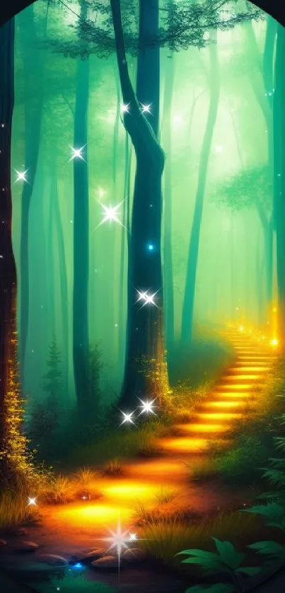 Enchanted forest path with glowing lights and tall trees, creating a mystical atmosphere.