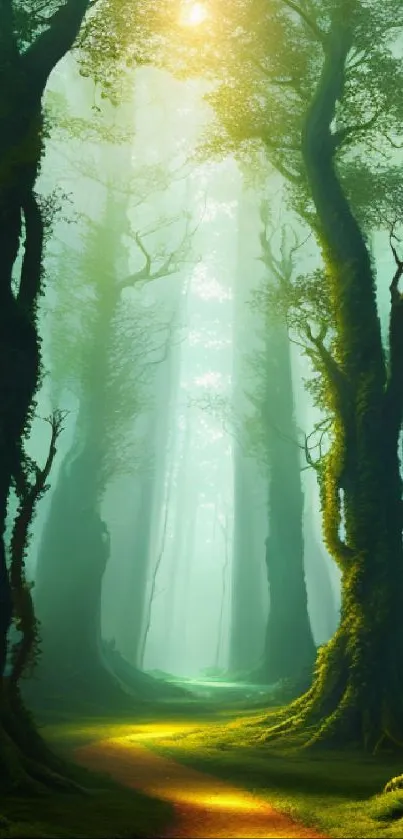 Enchanted forest path with sunlit trails and lush green trees.