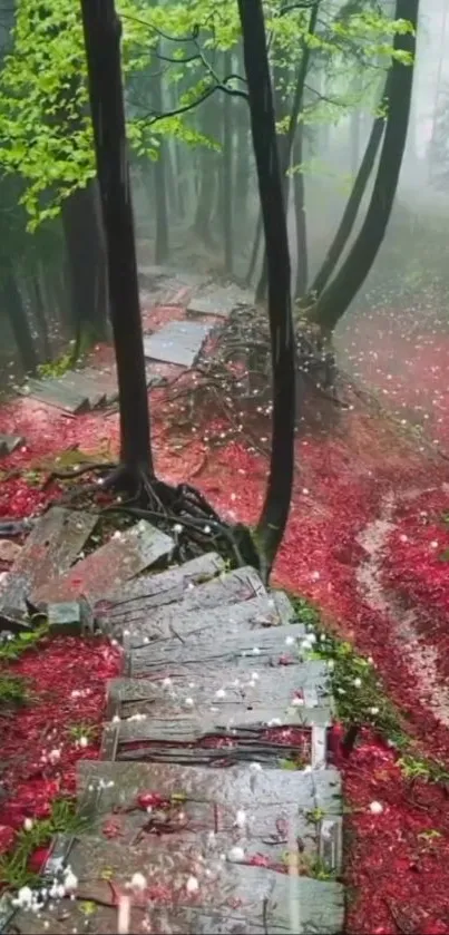 Mystical forest path with vibrant red leaves under a lush green canopy.