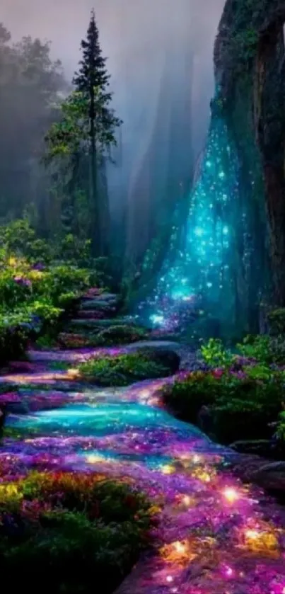 Mystical forest path with glowing colors.