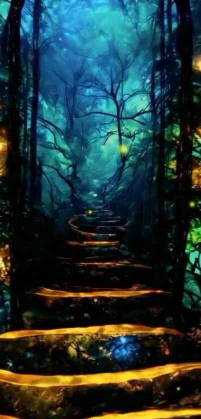 Mystical forest path with glowing lights and vibrant colors.