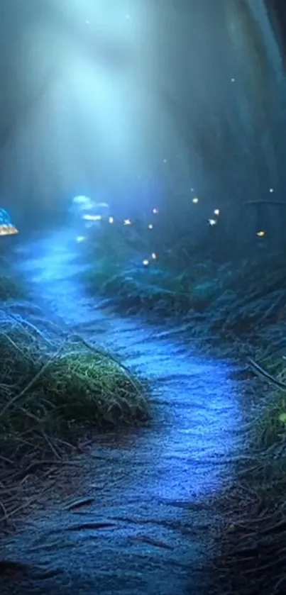 Enchanted forest path with glowing mushrooms and ambient light.