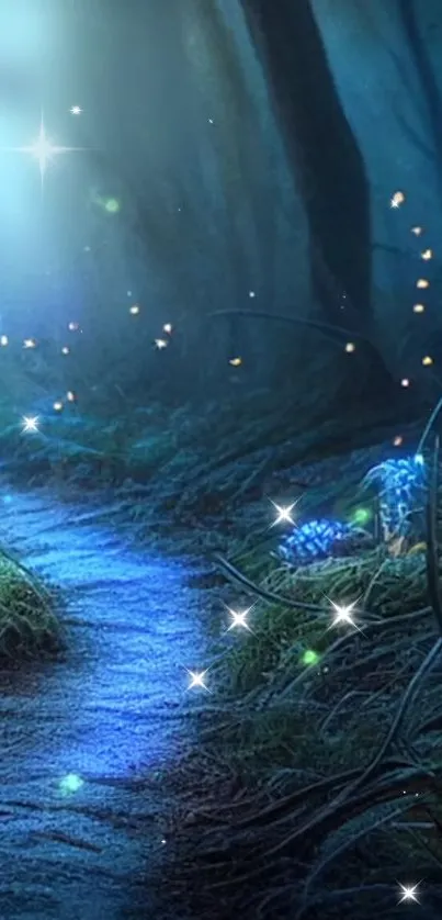 Magical forest path with glowing lights and enchanted atmosphere