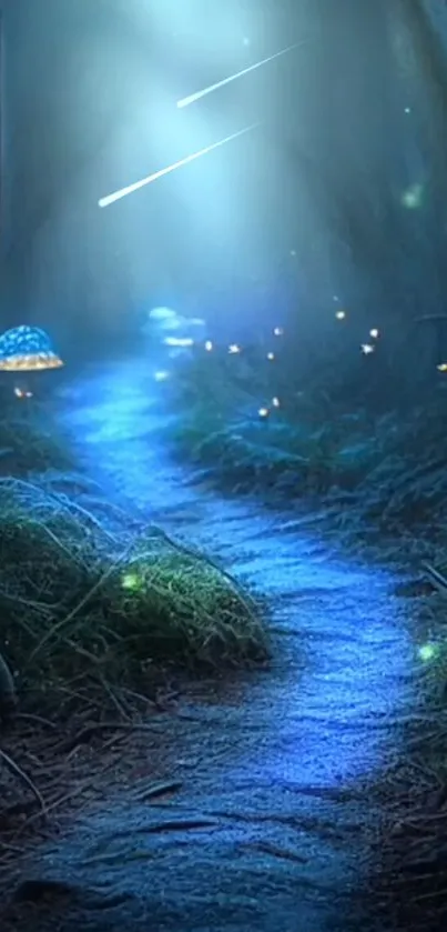 Enchanted forest path with glowing blue mushrooms and mystical light.