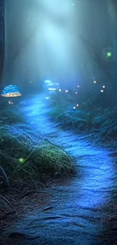 Mystical forest path with glowing mushrooms in a dark, enchanting setting.