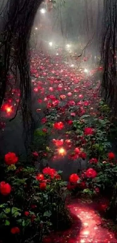 Magical forest path with red glowing roses and dim light.