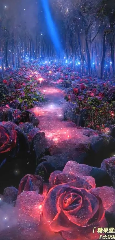 Enchanted forest path with glowing roses and blue light.