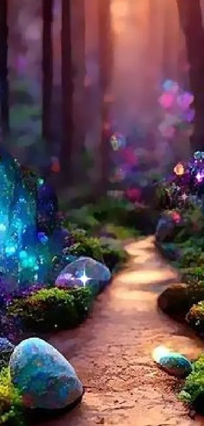 Enchanting forest path with glowing crystals and serene ambiance.