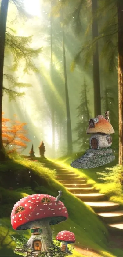 Enchanted forest path with mushroom houses under sunlight.