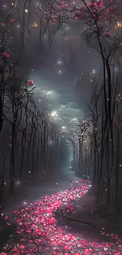 Enchanted forest pathway with glowing flowers and dark trees.