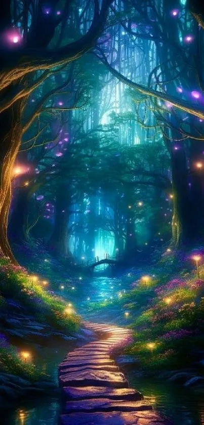 Enchanted forest pathway with glowing lights and trees.
