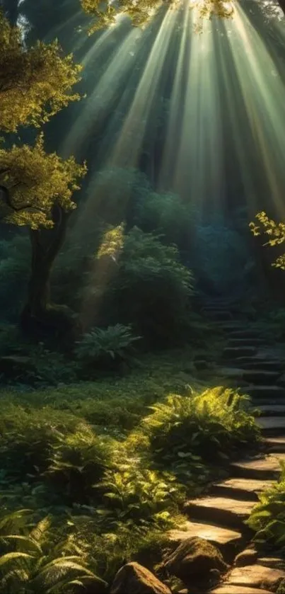 Sunlit pathway in lush forest wallpaper.