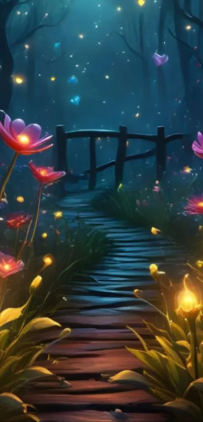 Enchanting pathway through glowing flowers in a mystical forest at night.