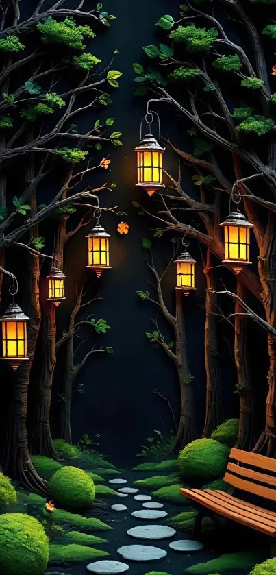 Forest path with glowing lanterns and a bench at night.