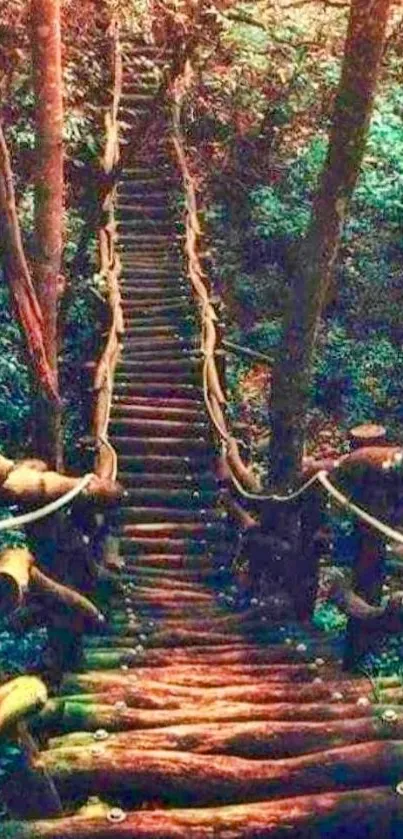 Rustic wooden stairs amidst lush green forest pathway.