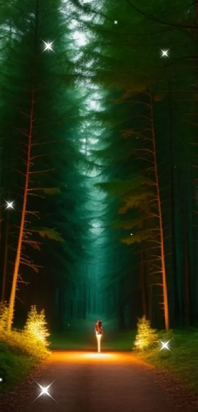 A person walks down a glowing path in a lush green forest.