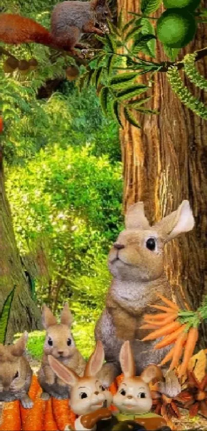 Enchanted forest pathway with tall trees and woodland animals.