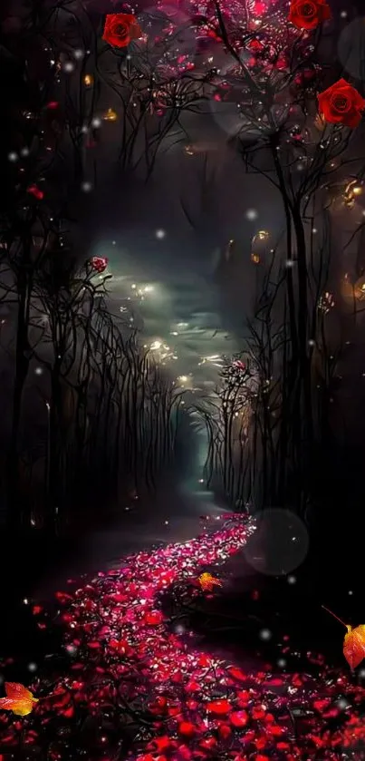 Enchanted forest pathway with red roses and fall leaves.