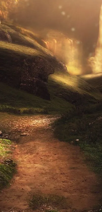 Enchanted forest pathway with waterfall and greenery.