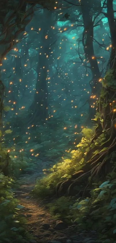 Enchanted forest pathway with fireflies and lush greenery.