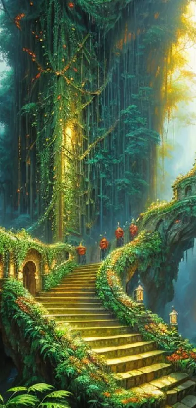 Enchanted forest scene with stairs and lush greenery.