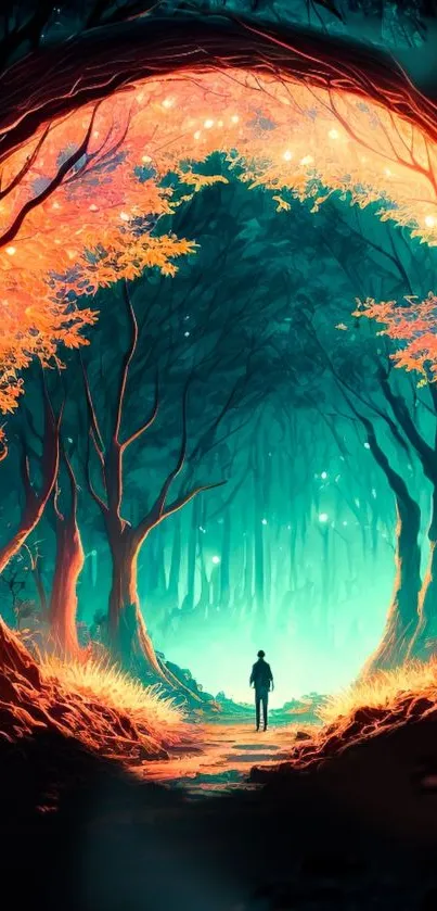 A mystical forest pathway with vibrant teal and orange hues, creating an ethereal ambience.