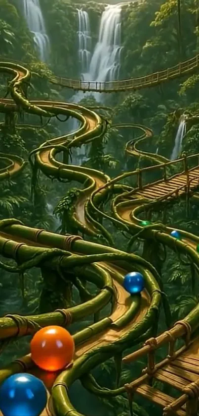 Magical forest with winding pathways and colorful orbs in a lush jungle scene.