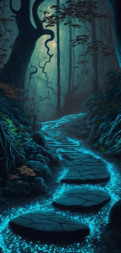 Glowing pathway through an enchanted forest with teal hues and mystical ambiance.