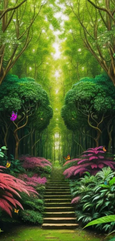 Enchanted forest pathway with lush greenery and butterflies.