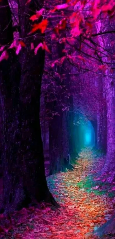 Mystical purple forest with neon pathway.