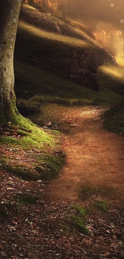 Beautiful enchanted forest pathway wallpaper with mystical light.