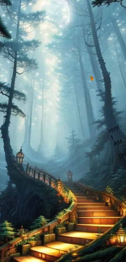 Enchanted forest pathway with glowing stairs.