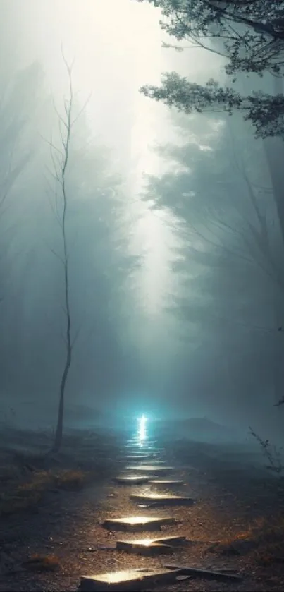 Misty forest path with mystical glow and serene atmosphere in teal hues.