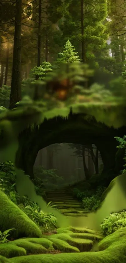 Enchanted forest pathway with lush greenery and a mystical archway.