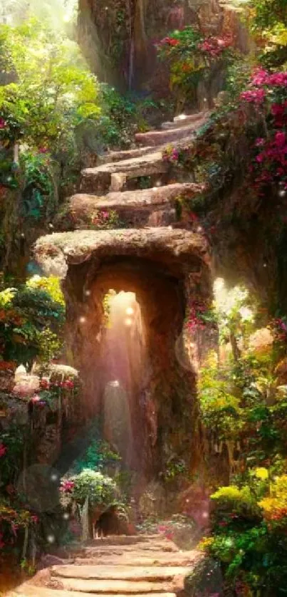 Enchanted forest pathway with stone steps and vibrant greenery.