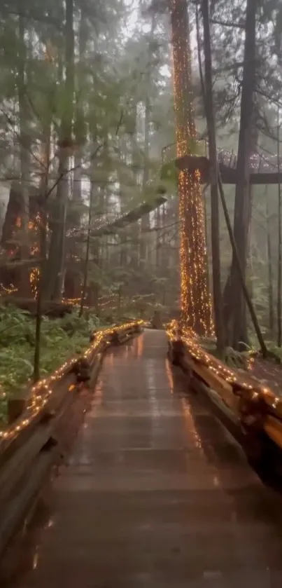 Foggy forest path with enchanting fairy lights.