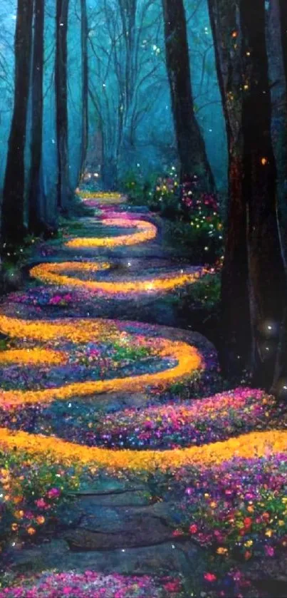 Enchanted forest path with glowing flowers in a mystical woodland scene.