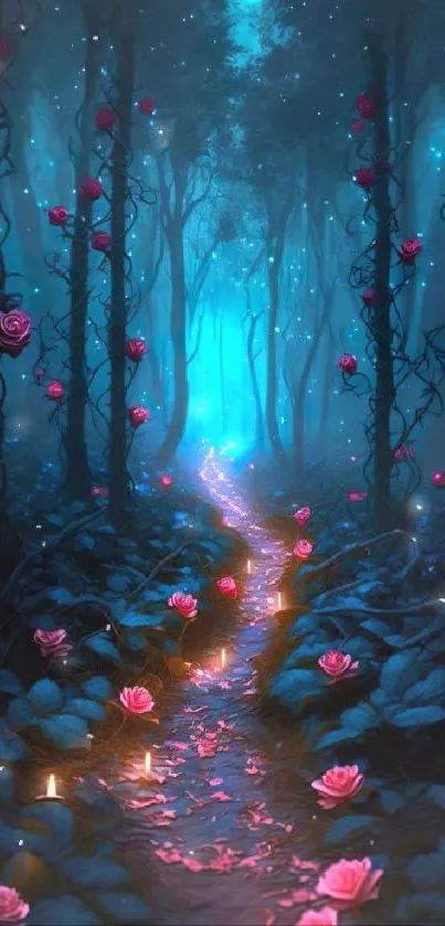 Enchanted forest wallpaper with glowing roses on a mystical pathway.