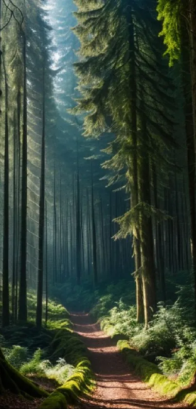 Scenic forest pathway wallpaper with towering trees and lush greenery.