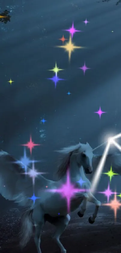 Majestic pegasus in a moonlit enchanted forest setting, creating a mystical atmosphere.