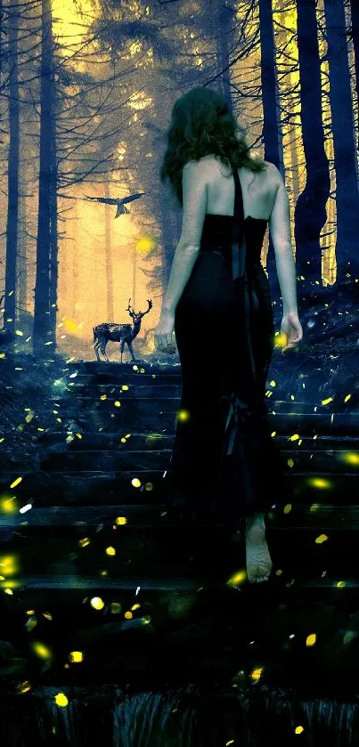 Mystical forest wallpaper with fireflies and deer under a glowing sky.