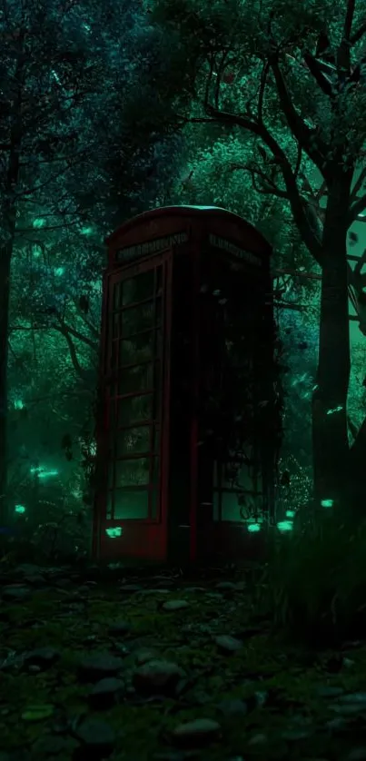 Vintage phone booth in an enchanted forest with glowing lights and lush greenery.