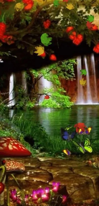 Enchanted forest with waterfall and mushrooms in vibrant colors.